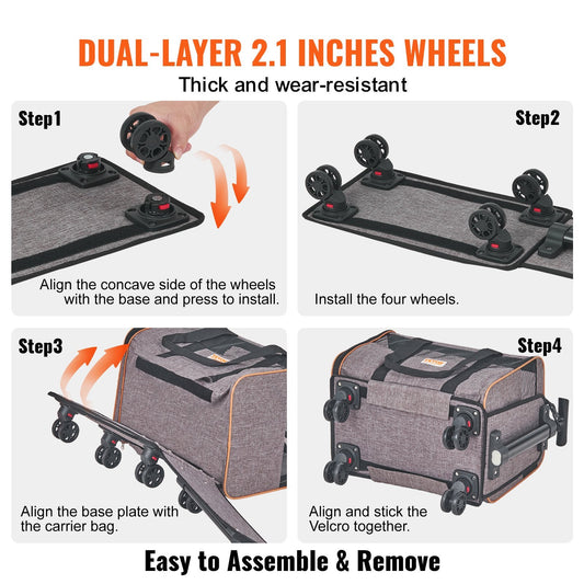 Rolling Cat Carrier with Wheels, Airline Approved, 10 kg Capacity, Grey