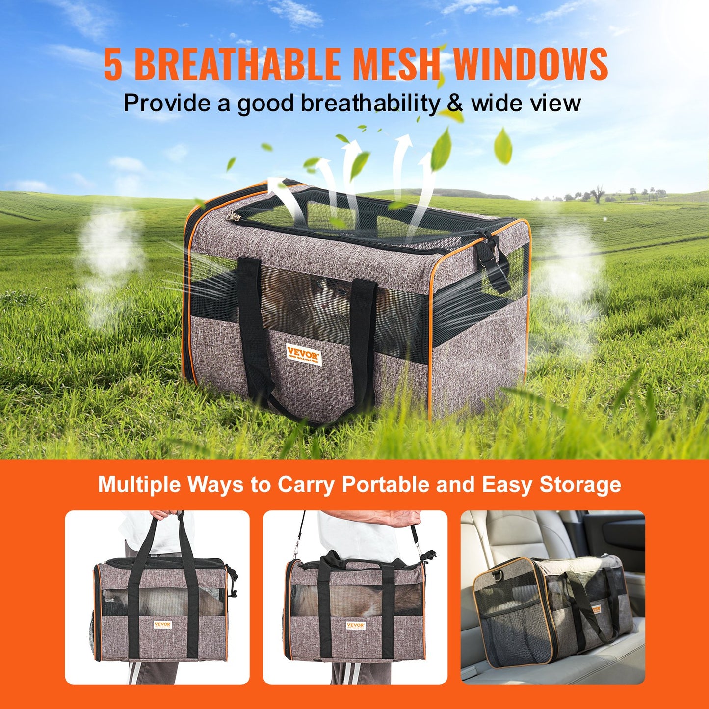 VEVOR Cat Carrier with Wheels Airline Approved Rolling Pet Carrier 22 lbs Grey