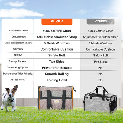 VEVOR Cat Carrier with Wheels Airline Approved Rolling Pet Carrier 22 lbs Grey