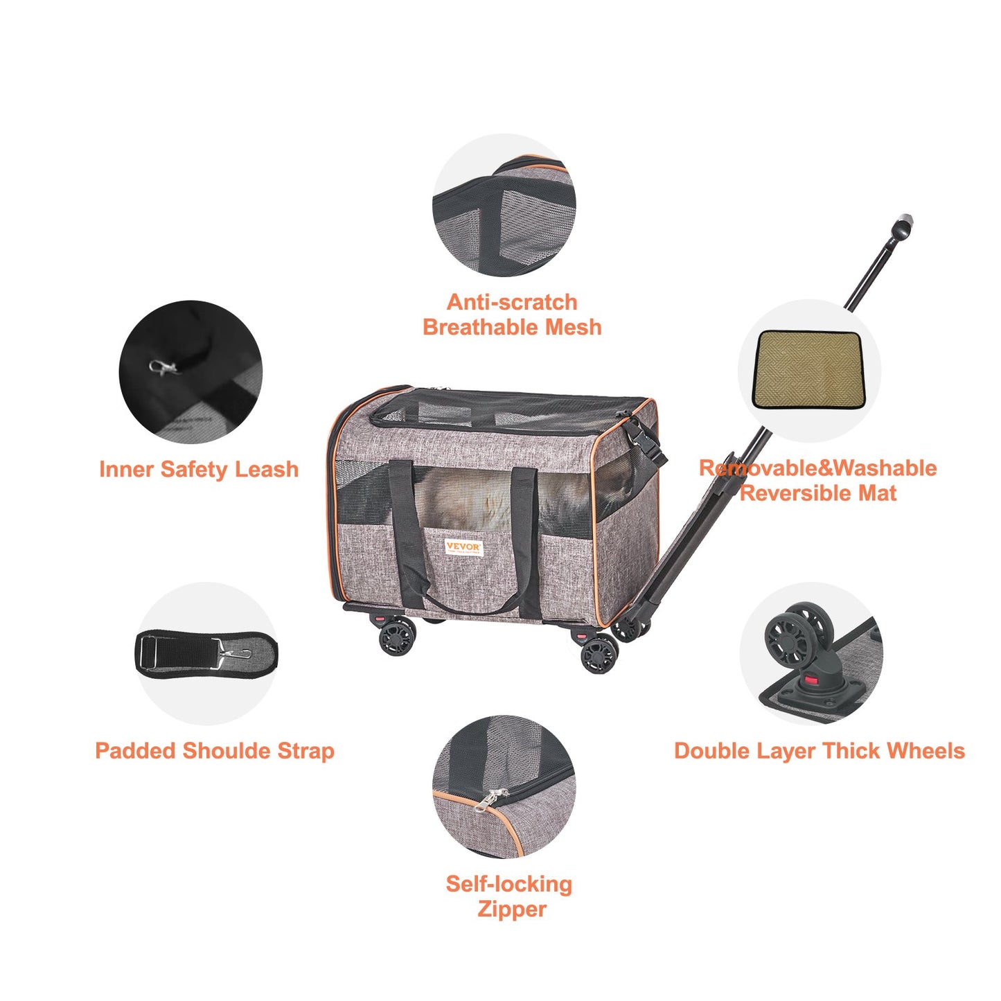 VEVOR Cat Carrier with Wheels Airline Approved Rolling Pet Carrier 22 lbs Grey