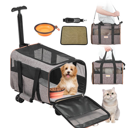 Rolling Cat Carrier with Wheels, Airline Approved, 10 kg Capacity, Grey