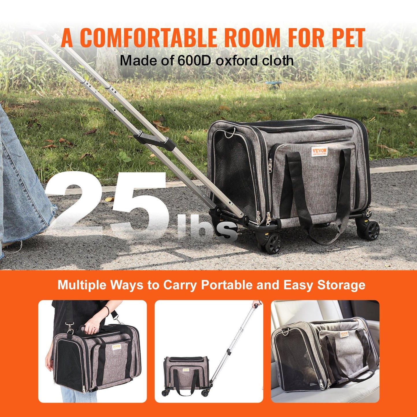 VEVOR Cat Carrier with Wheels Airline Approved Rolling Pet Carrier 25 lbs Grey