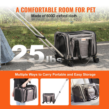Rolling Gray Pet Carrier with Wheels, Airline Approved, 11.3 kg Capacity