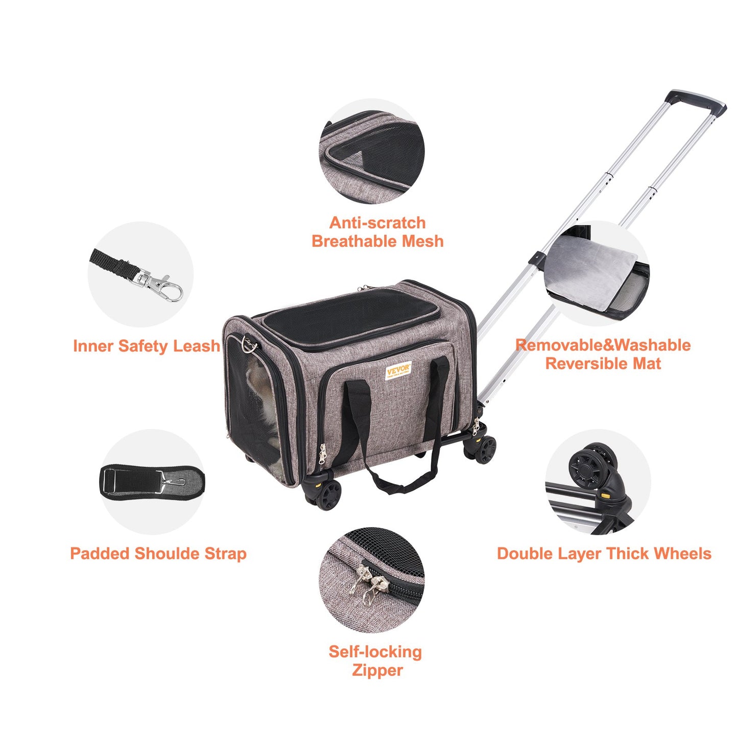 VEVOR Cat Carrier with Wheels Airline Approved Rolling Pet Carrier 25 lbs Grey
