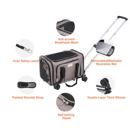 Rolling Gray Pet Carrier with Wheels, Airline Approved, 11.3 kg Capacity
