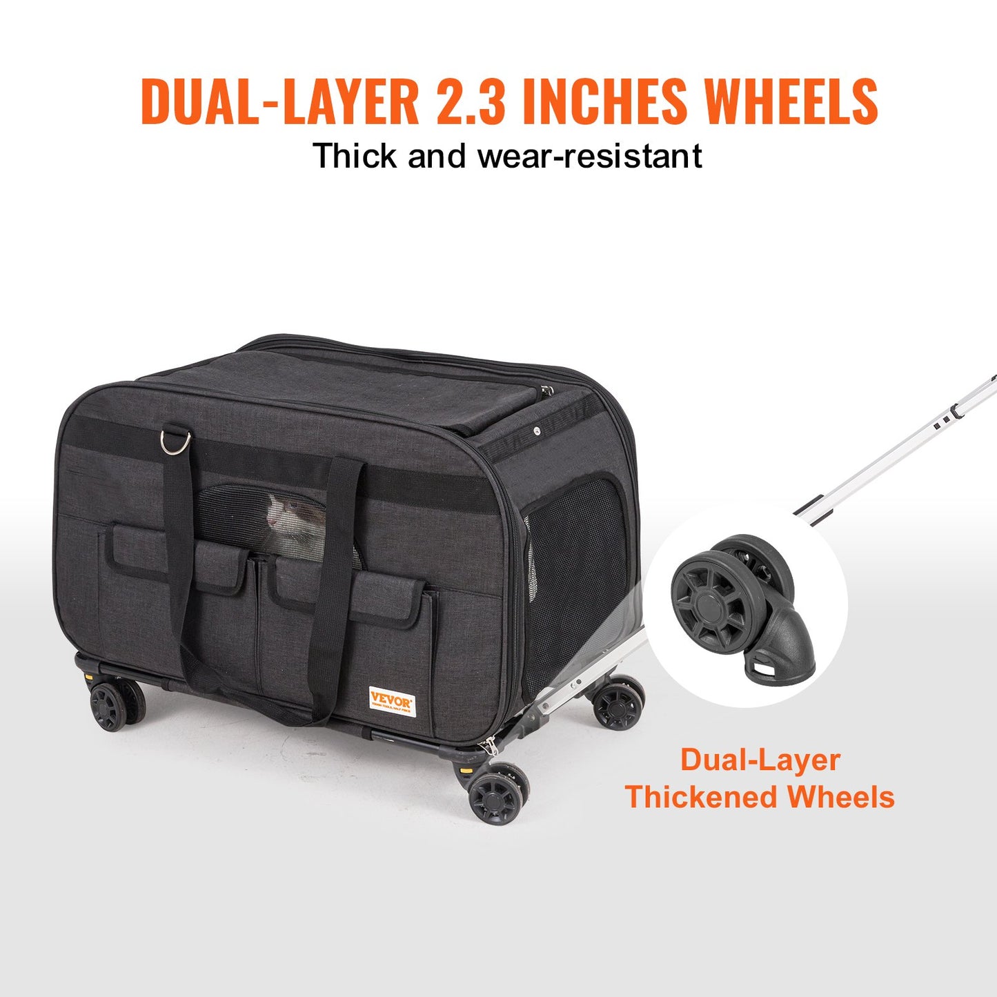 VEVOR Cat Carrier with Wheels Rolling Pet Carrier with Handle 35 lbs Black