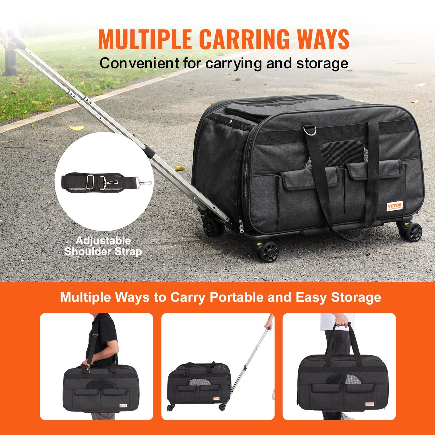 VEVOR Cat Carrier with Wheels Rolling Pet Carrier with Handle 35 lbs Black