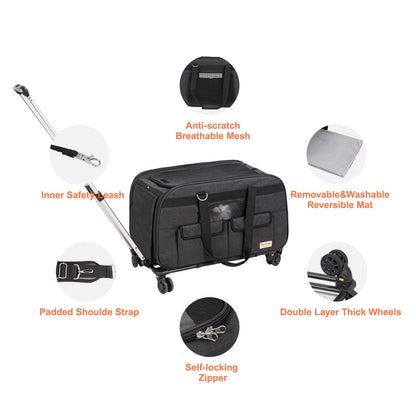 Rolling Pet Carrier with Wheels and Handle, Black, 15.8 kg Capacity