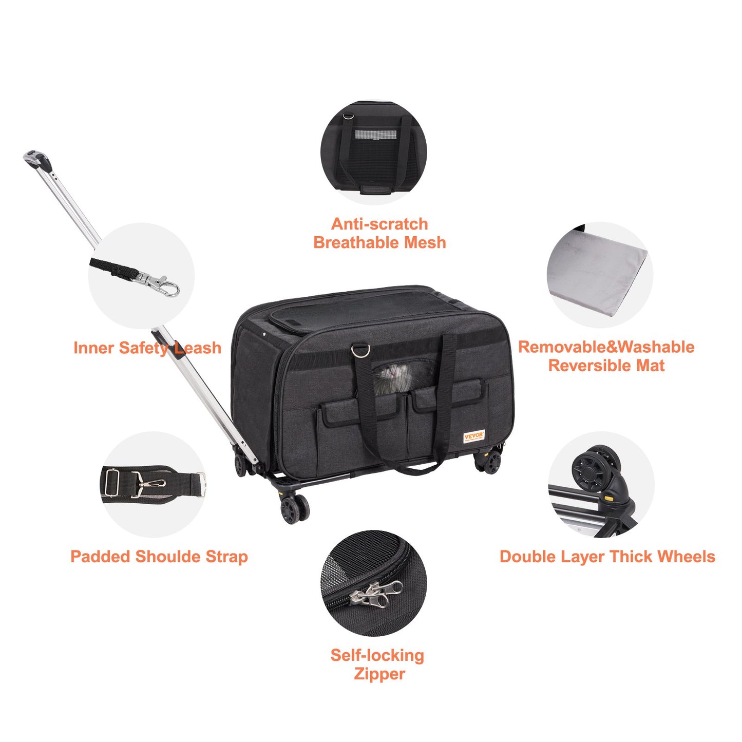 VEVOR Cat Carrier with Wheels Rolling Pet Carrier with Handle 35 lbs Black