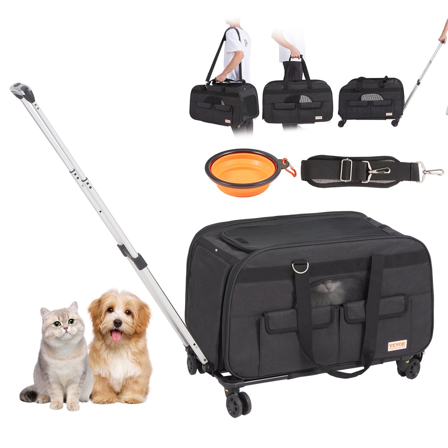 VEVOR Cat Carrier with Wheels Rolling Pet Carrier with Handle 35 lbs Black