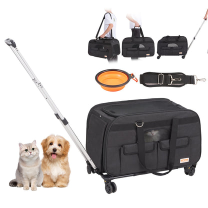 VEVOR Cat Carrier with Wheels Rolling Pet Carrier with Handle 35 lbs Black