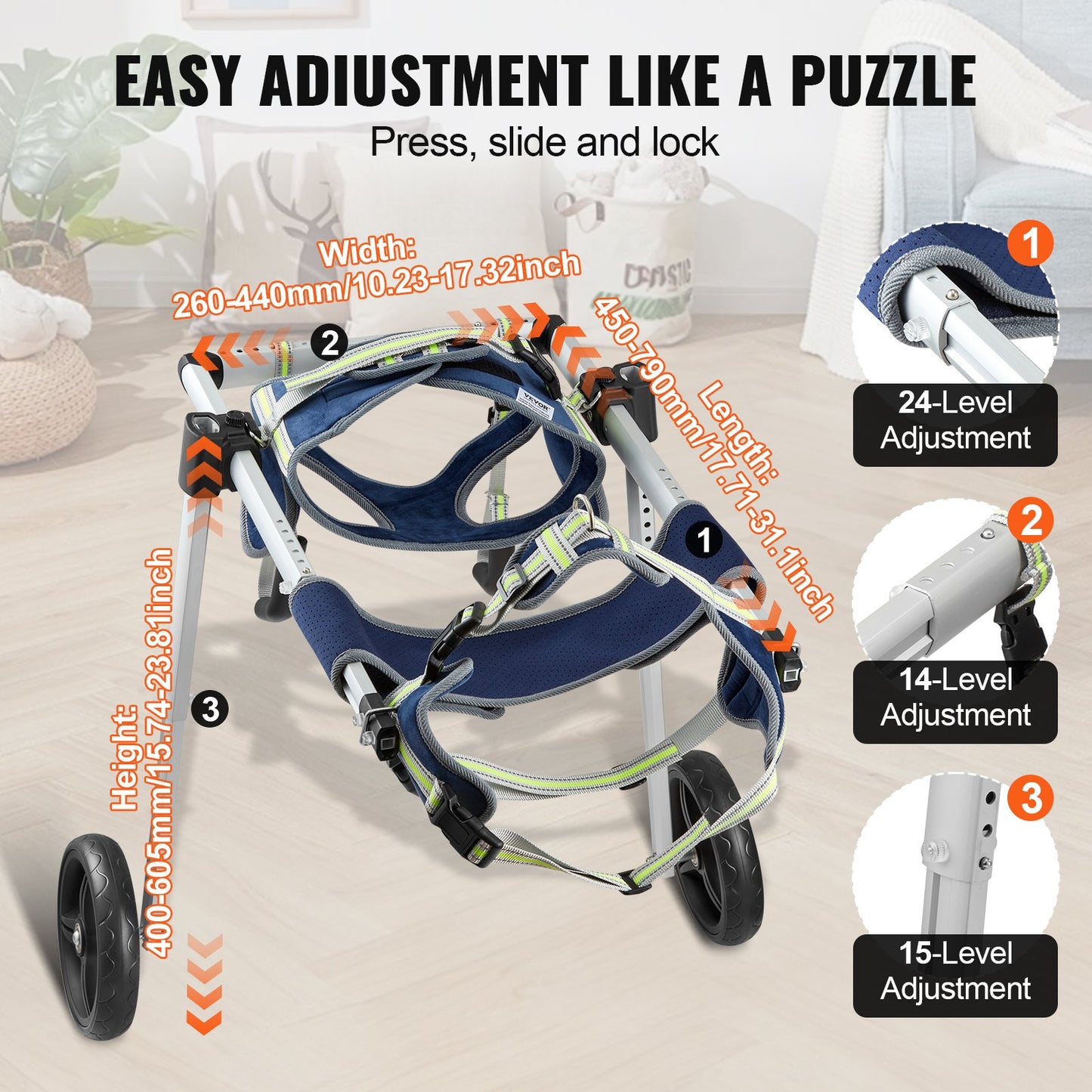 VEVOR 2 Wheels Dog Wheelchair for Back Legs, Pet Wheelchair Lightweight & Adjustable