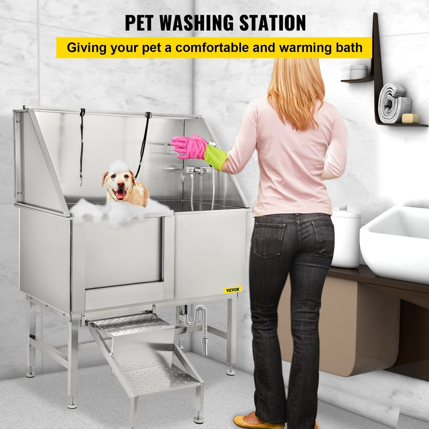 Professional 1.27m Stainless Steel Dog Grooming Tub with Ramp and Accessories