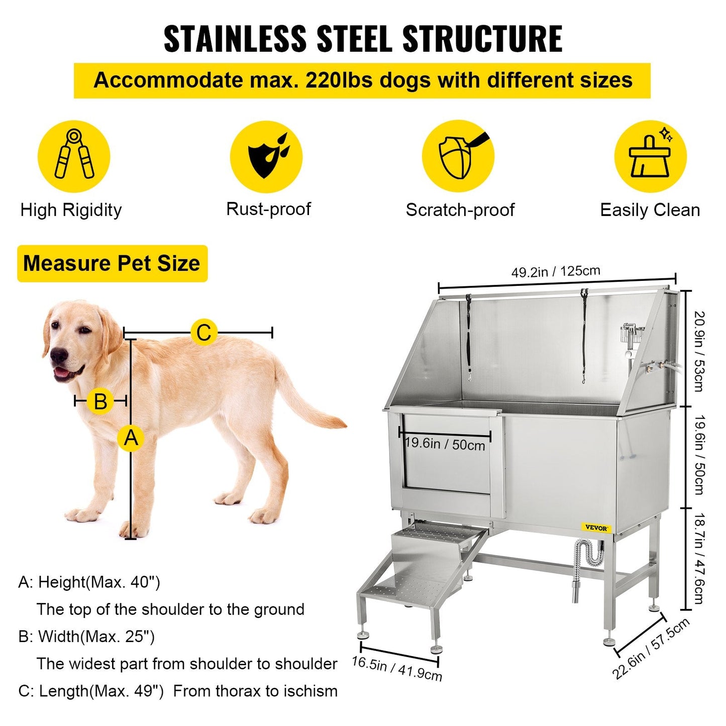 Professional 1.27m Stainless Steel Dog Grooming Tub with Ramp and Accessories