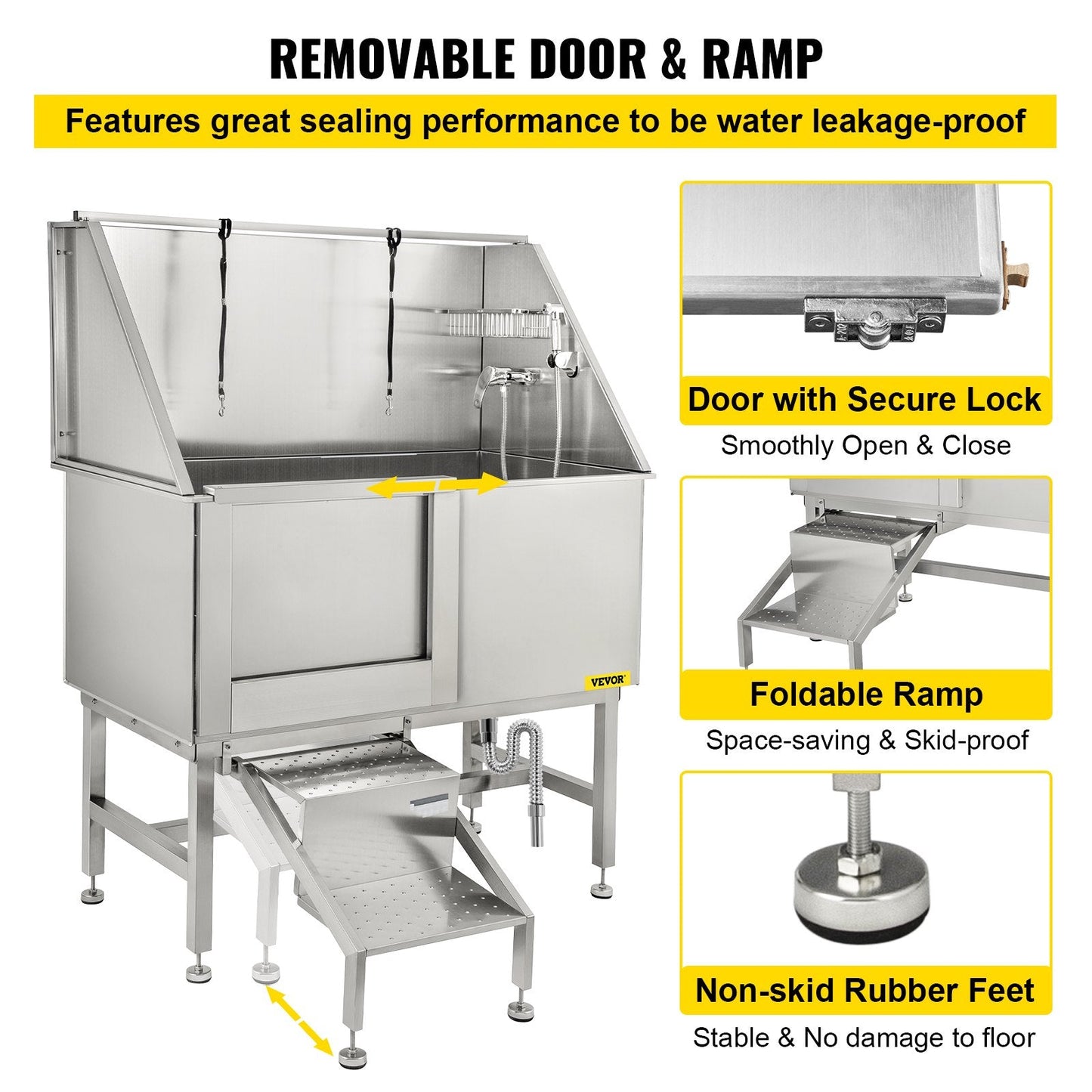 Professional 1.27m Stainless Steel Dog Grooming Tub with Ramp and Accessories