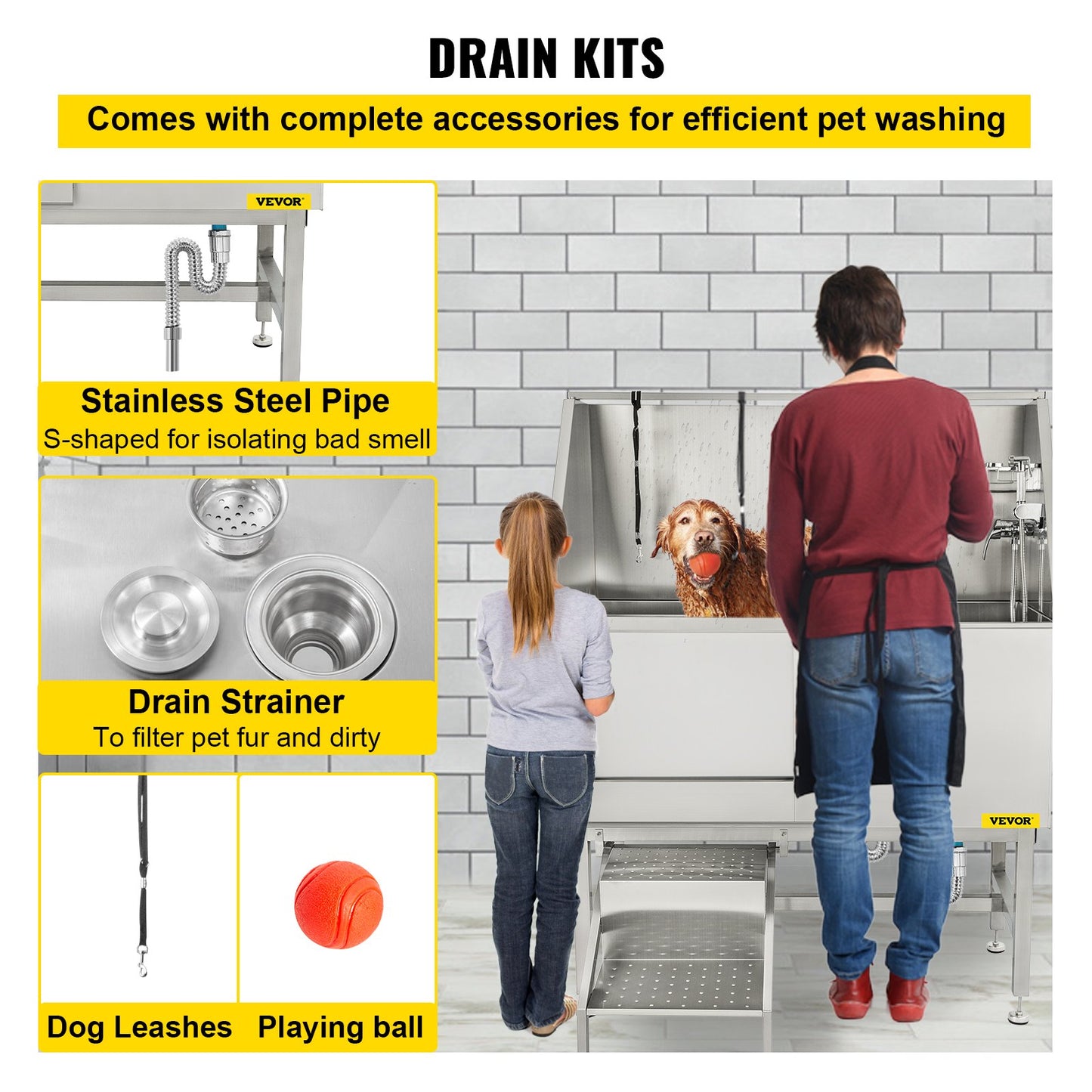 VEVOR 50 Inch 127CM Professional Stainless Steel Pet Grooming Tub Dog Bathtub Pet