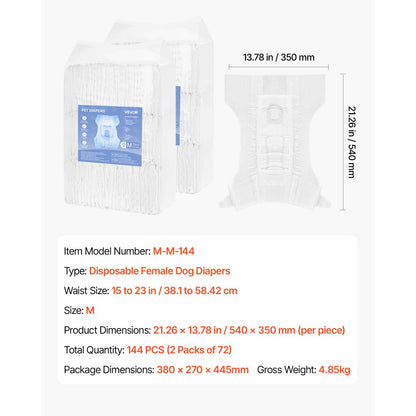 VEVOR Disposable Dog Diapers Super Absorbent Female Dog Diapers M Size 144 Count