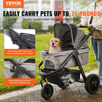VEVOR Pet Stroller, 3 PU Wheels Dog Stroller Rotate with Brakes, 75 lbs Weight Capacity,