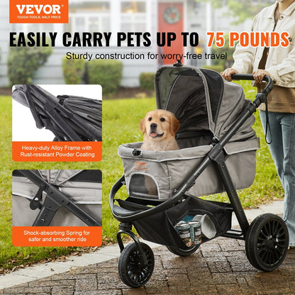 Pet Stroller with Brakes, 34kg Capacity, Grey, for Small to Medium Dogs