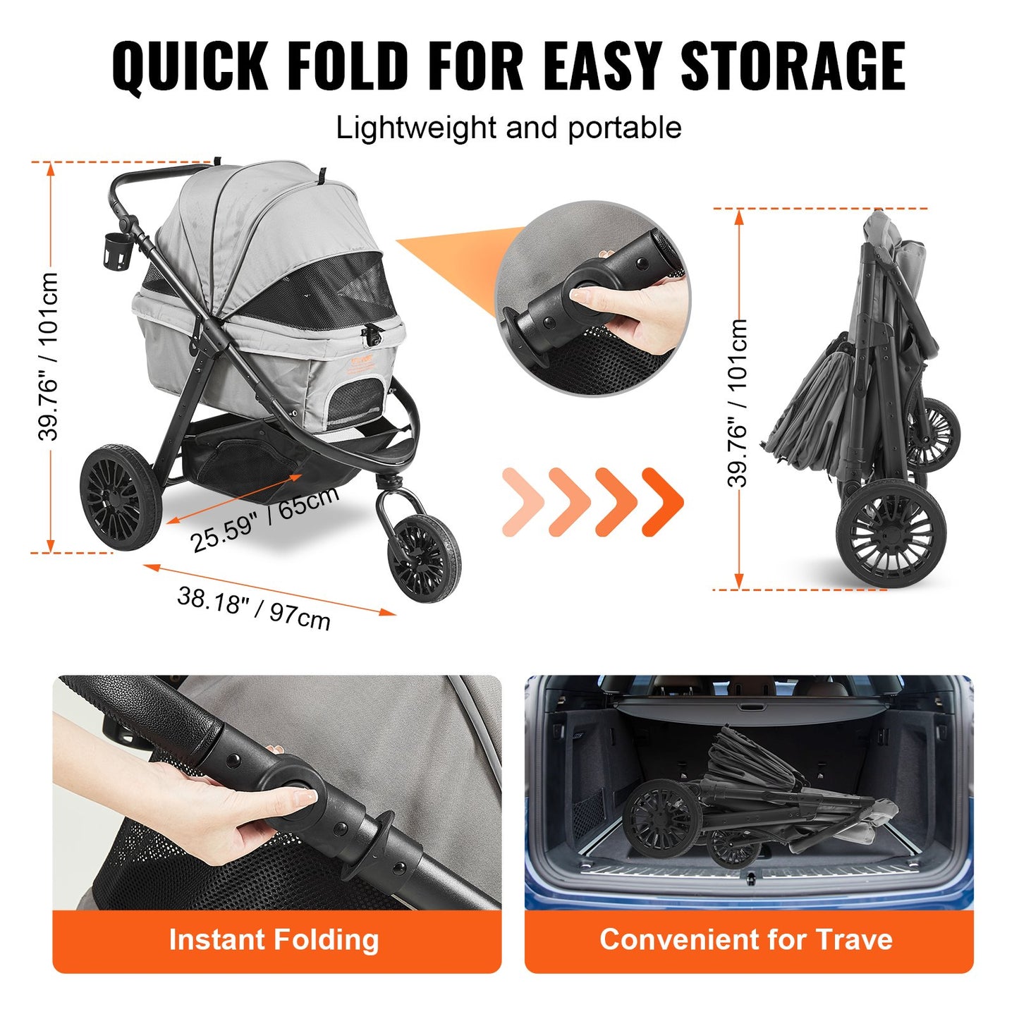 VEVOR Pet Stroller, 3 PU Wheels Dog Stroller Rotate with Brakes, 75 lbs Weight Capacity,