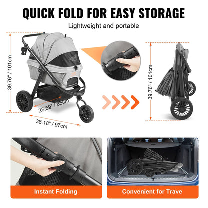Pet Stroller with Brakes, 34kg Capacity, Grey, for Small to Medium Dogs