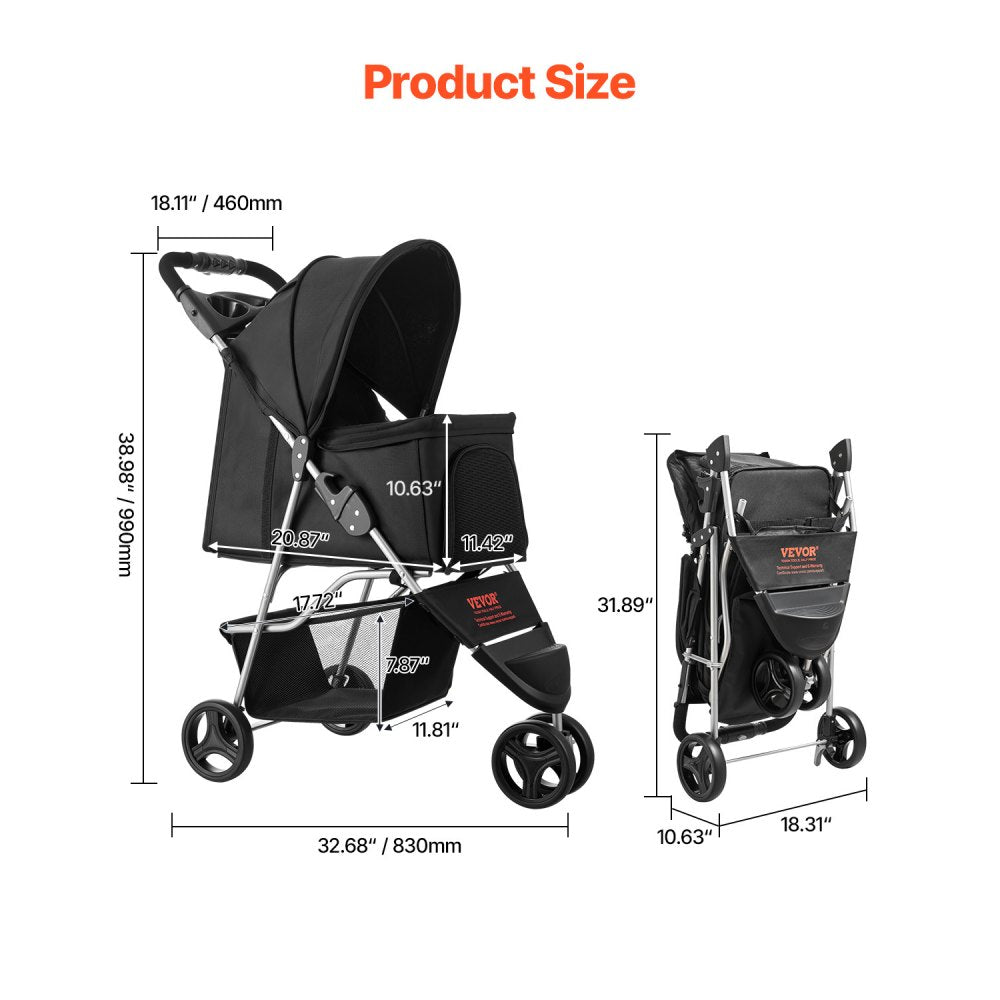 VEVOR Pet Stroller Foldable 3 Wheels Travel Dog Stroller with Brake up to 35lbs