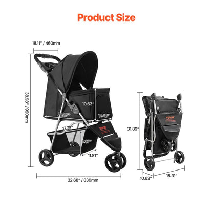 VEVOR Pet Stroller Foldable 3 Wheels Travel Dog Stroller with Brake up to 35lbs