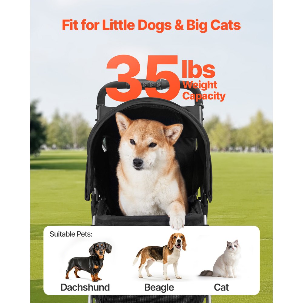 VEVOR Pet Stroller Foldable 3 Wheels Travel Dog Stroller with Brake up to 35lbs