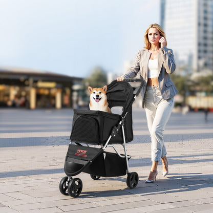 VEVOR Pet Stroller Foldable 3 Wheels Travel Dog Stroller with Brake up to 35lbs