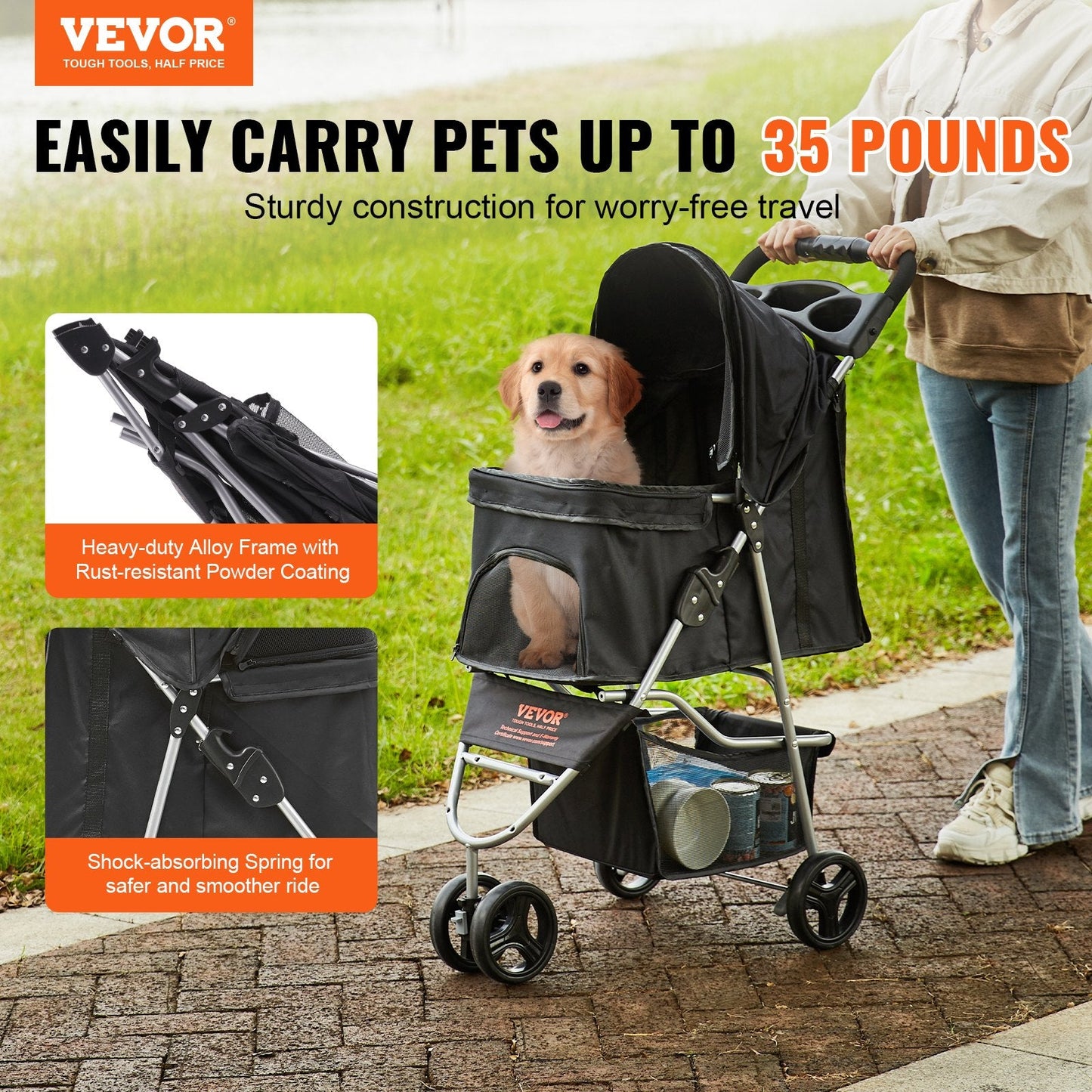 Pet Stroller with Brakes, 3-Wheel Design, 16kg Capacity, Black