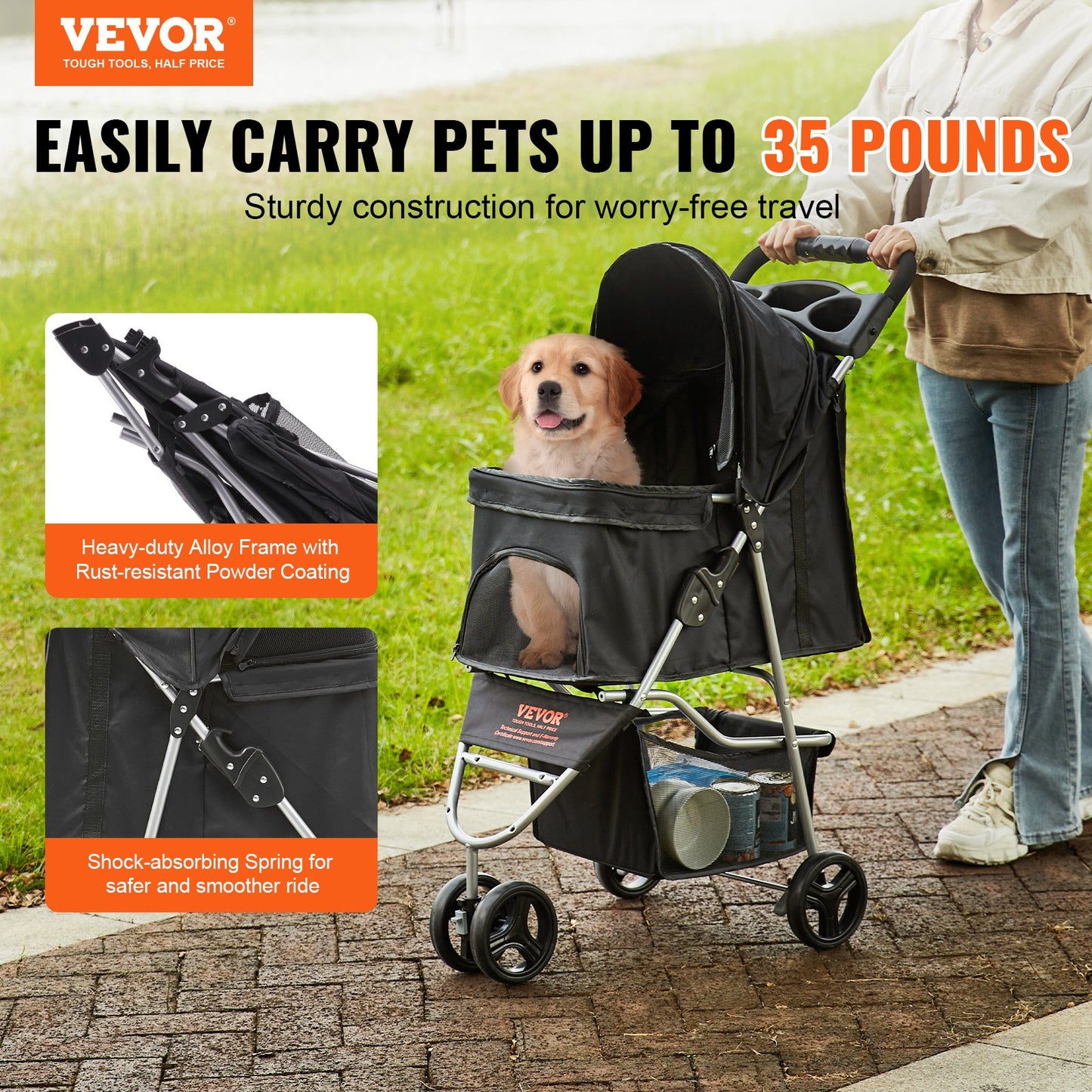 VEVOR Pet Stroller, 3 Wheels Dog Stroller Rotate with Brakes, 35lbs Weight Capacity,