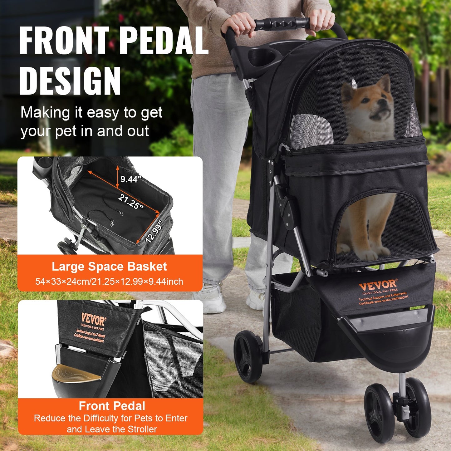 VEVOR Pet Stroller, 3 Wheels Dog Stroller Rotate with Brakes, 35lbs Weight Capacity,