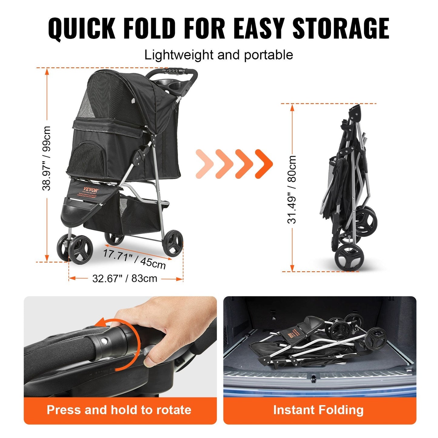 Pet Stroller with Brakes, 3-Wheel Design, 16kg Capacity, Black