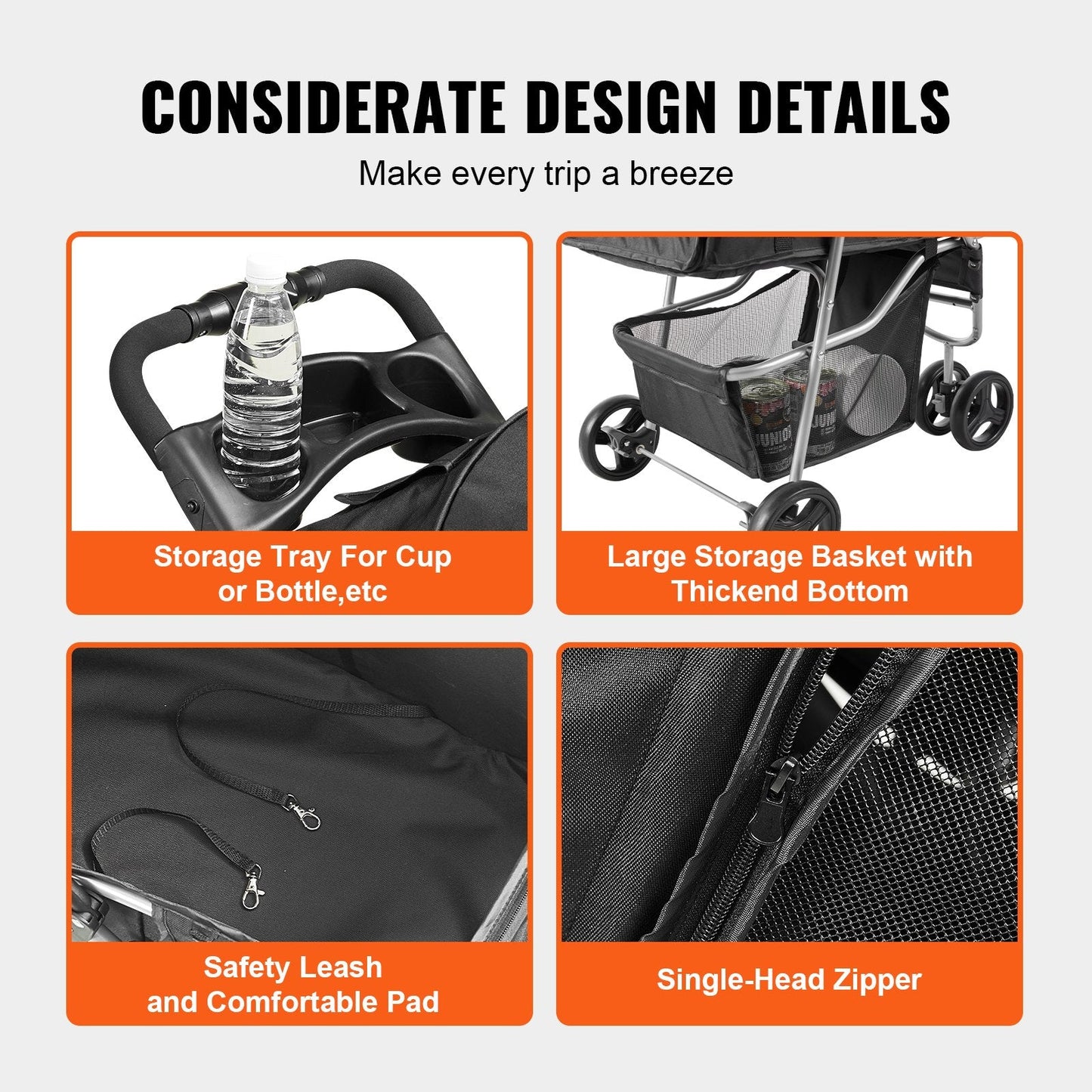 Pet Stroller with Brakes, 3-Wheel Design, 16kg Capacity, Black