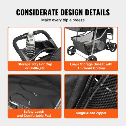 Pet Stroller with Brakes, 3-Wheel Design, 16kg Capacity, Black