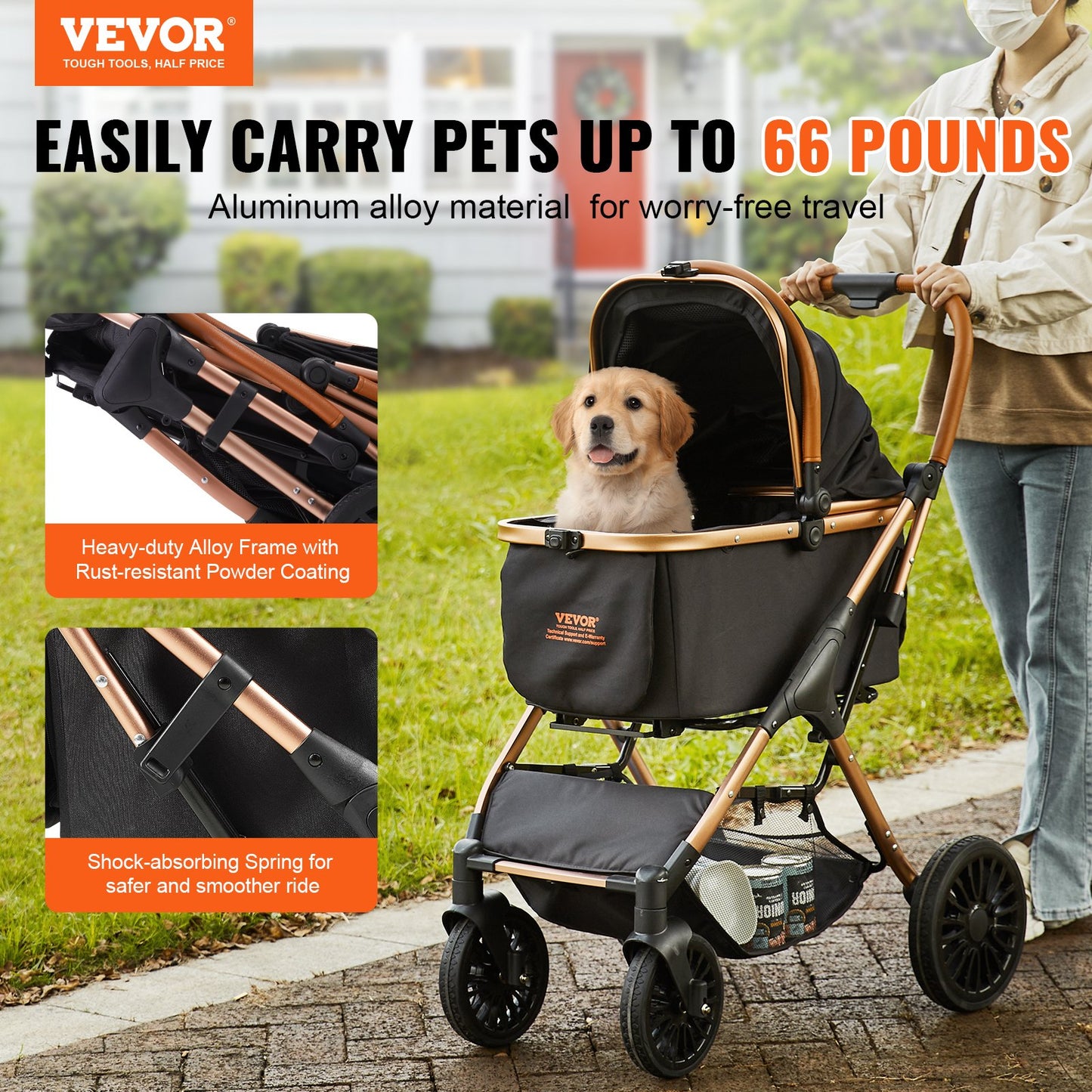 VEVOR Pet Stroller, 4 Wheels Dog Stroller Rotate with Brakes, 66 lbs Weight Capacity,