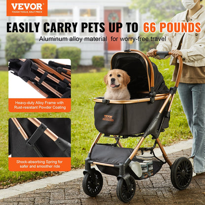 Pet Stroller with Brakes, 30kg Capacity, Adjustable Handle, Large Storage, Black