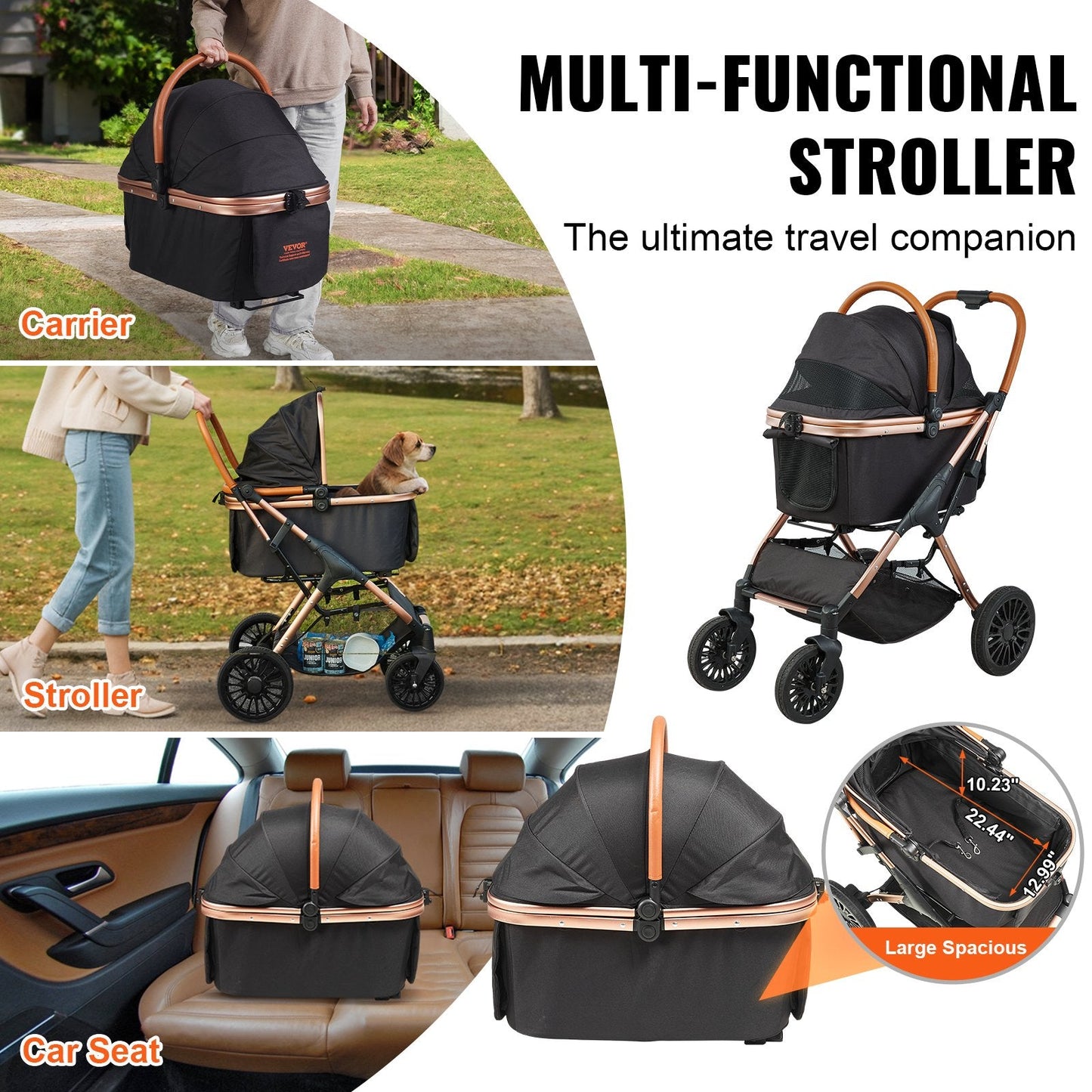 Pet Stroller with Brakes, 30kg Capacity, Adjustable Handle, Large Storage, Black