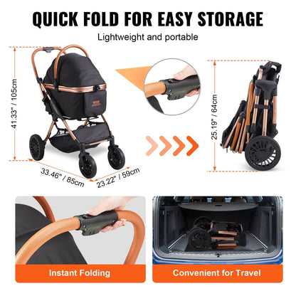 Pet Stroller with Brakes, 30kg Capacity, Adjustable Handle, Large Storage, Black