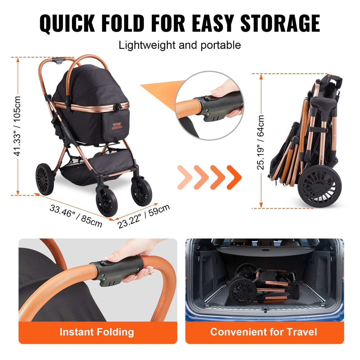 VEVOR Pet Stroller, 4 Wheels Dog Stroller Rotate with Brakes, 66 lbs Weight Capacity,