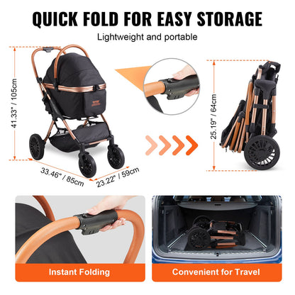 VEVOR Pet Stroller, 4 Wheels Dog Stroller Rotate with Brakes, 66 lbs Weight Capacity,