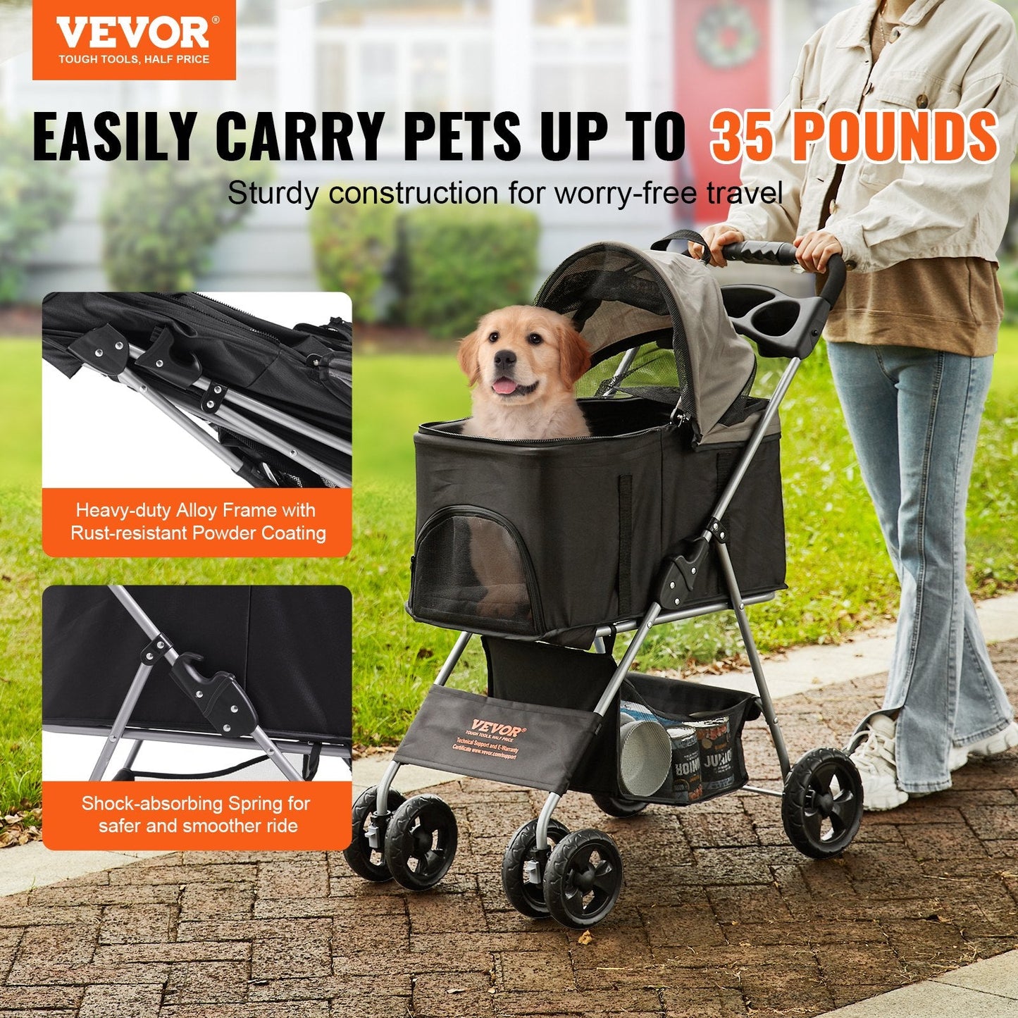 4-Wheel Pet Stroller with Brakes, 16 kg Capacity, Detachable Carrier & Storage