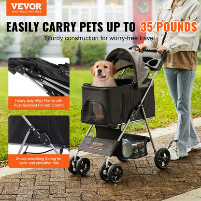4-Wheel Pet Stroller with Brakes, 16 kg Capacity, Detachable Carrier & Storage