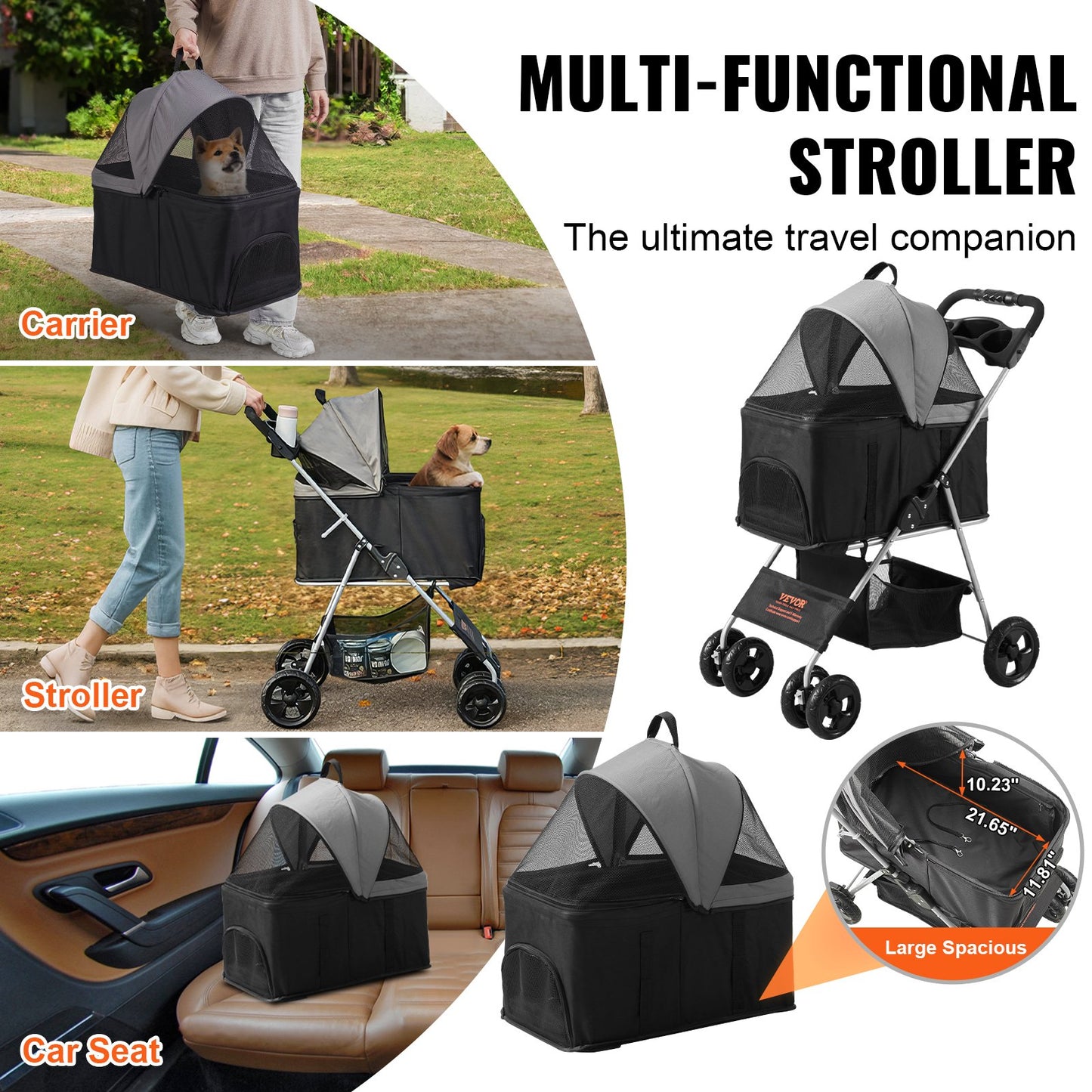 VEVOR Pet Stroller, 4 Wheels Dog Stroller Rotate with Brakes, 35lbs Weight Capacity,