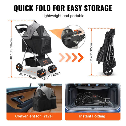 4-Wheel Pet Stroller with Brakes, 16 kg Capacity, Detachable Carrier & Storage