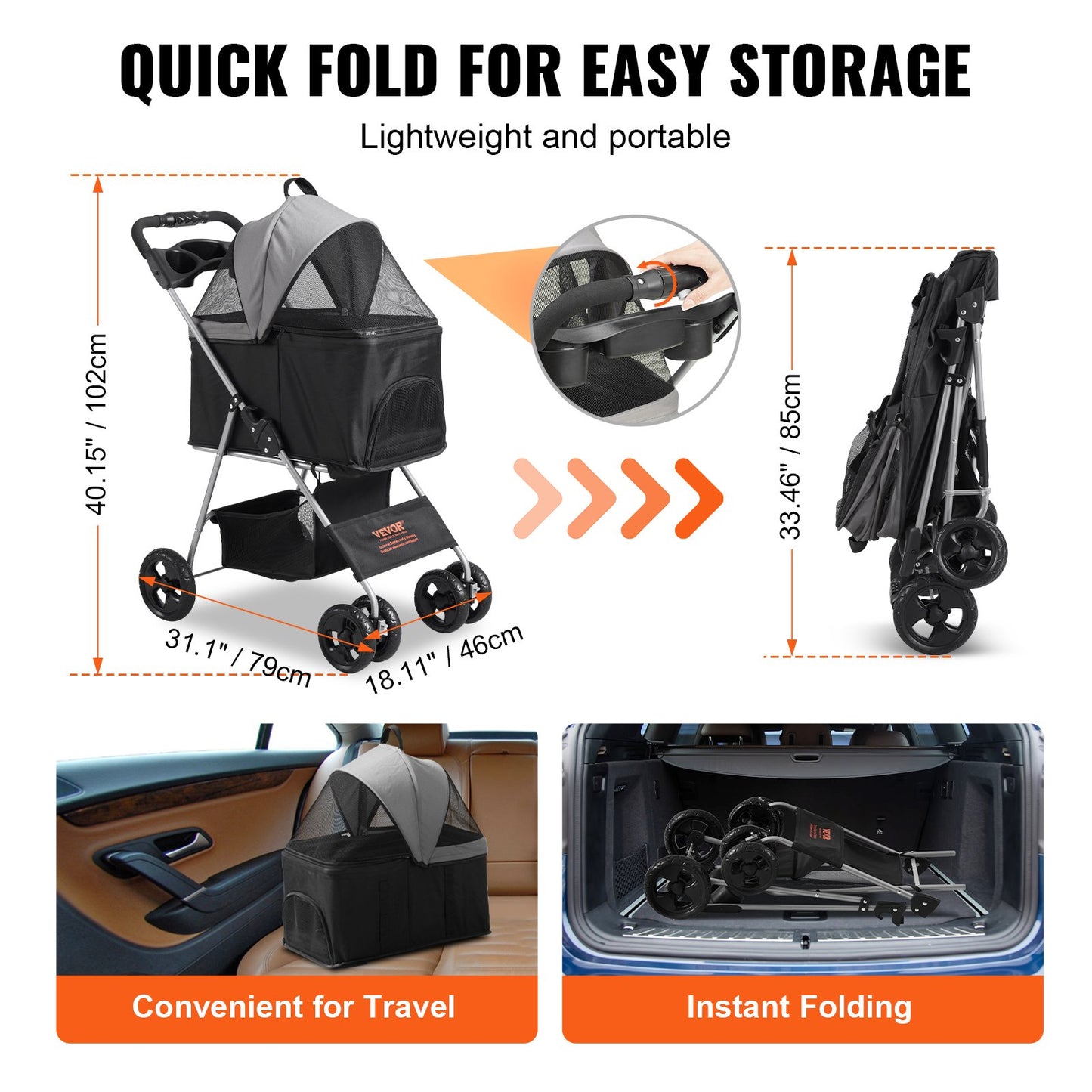 VEVOR Pet Stroller, 4 Wheels Dog Stroller Rotate with Brakes, 35lbs Weight Capacity,