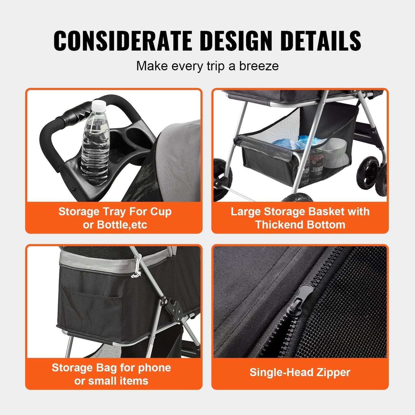 4-Wheel Pet Stroller with Brakes, 16 kg Capacity, Detachable Carrier & Storage
