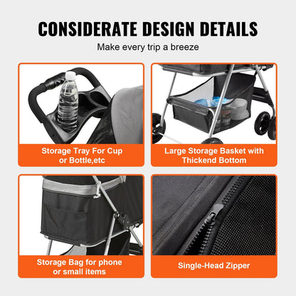 4-Wheel Pet Stroller with Brakes, 16 kg Capacity, Detachable Carrier & Storage