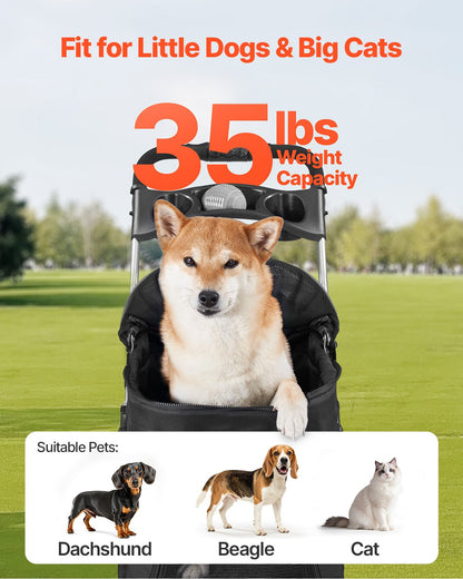 Pet Stroller, 16KG Weight Capacity, Foldable Dog Stroller Cart, 4 Wheels Cats Pram with Detachable Carrier & Mesh Windows, Portable Animal Carrier with Brake for Small to Medium Pets