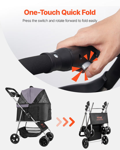 Pet Stroller, 16KG Weight Capacity, Foldable Dog Stroller Cart, 4 Wheels Cats Pram with Detachable Carrier & Mesh Windows, Portable Animal Carrier with Brake for Small to Medium Pets